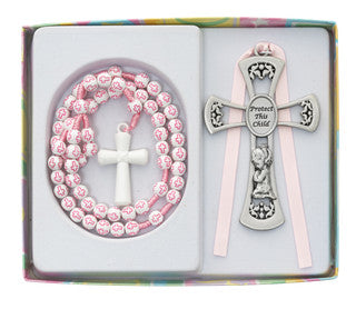 Baby Cross Crib Medal And Rosary Set ( Available In Pink Or Blue )