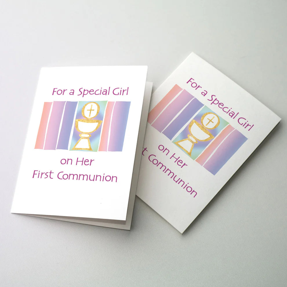For a Special Girl on Her First Holy Communion, Pink and Chalice - Greeting Card
