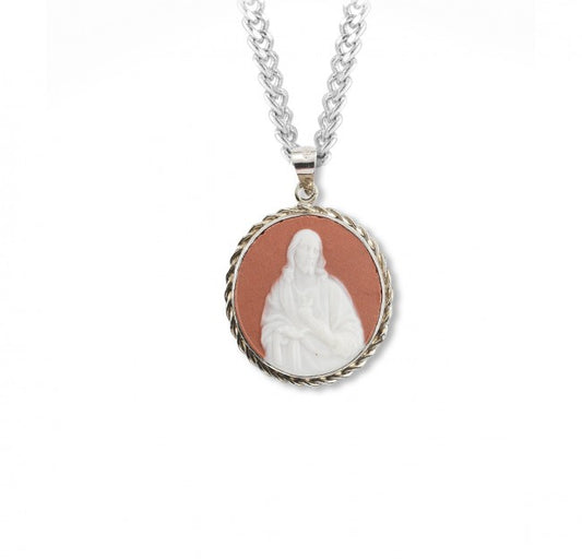 Sacred Heart, Pink Cameo Medal Sterling Silver Frame