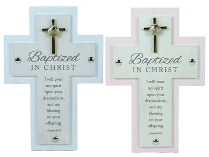 Baptized in Christ, Hang or Stand 7" Cross (Blue or Pink)