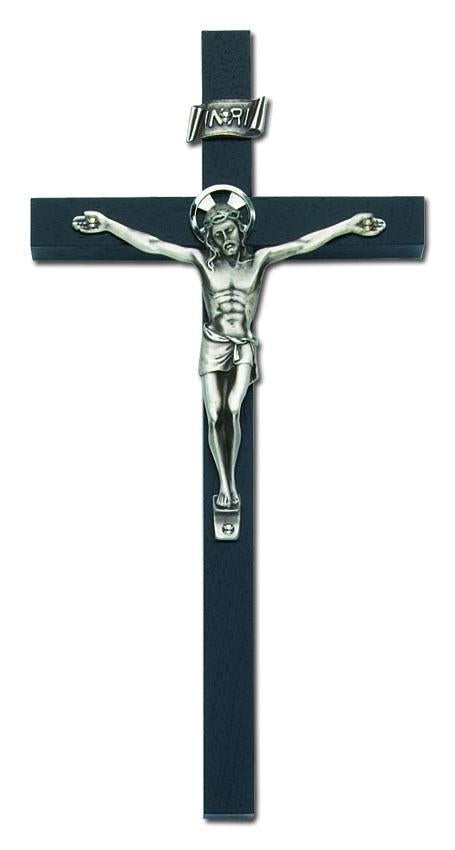 Black Stained Wood Cross with Silver Finish Corpus - 8" Crucifix