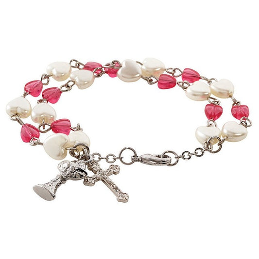 First Holy Communion Pink And Pearl Bead Rosary Bracelet