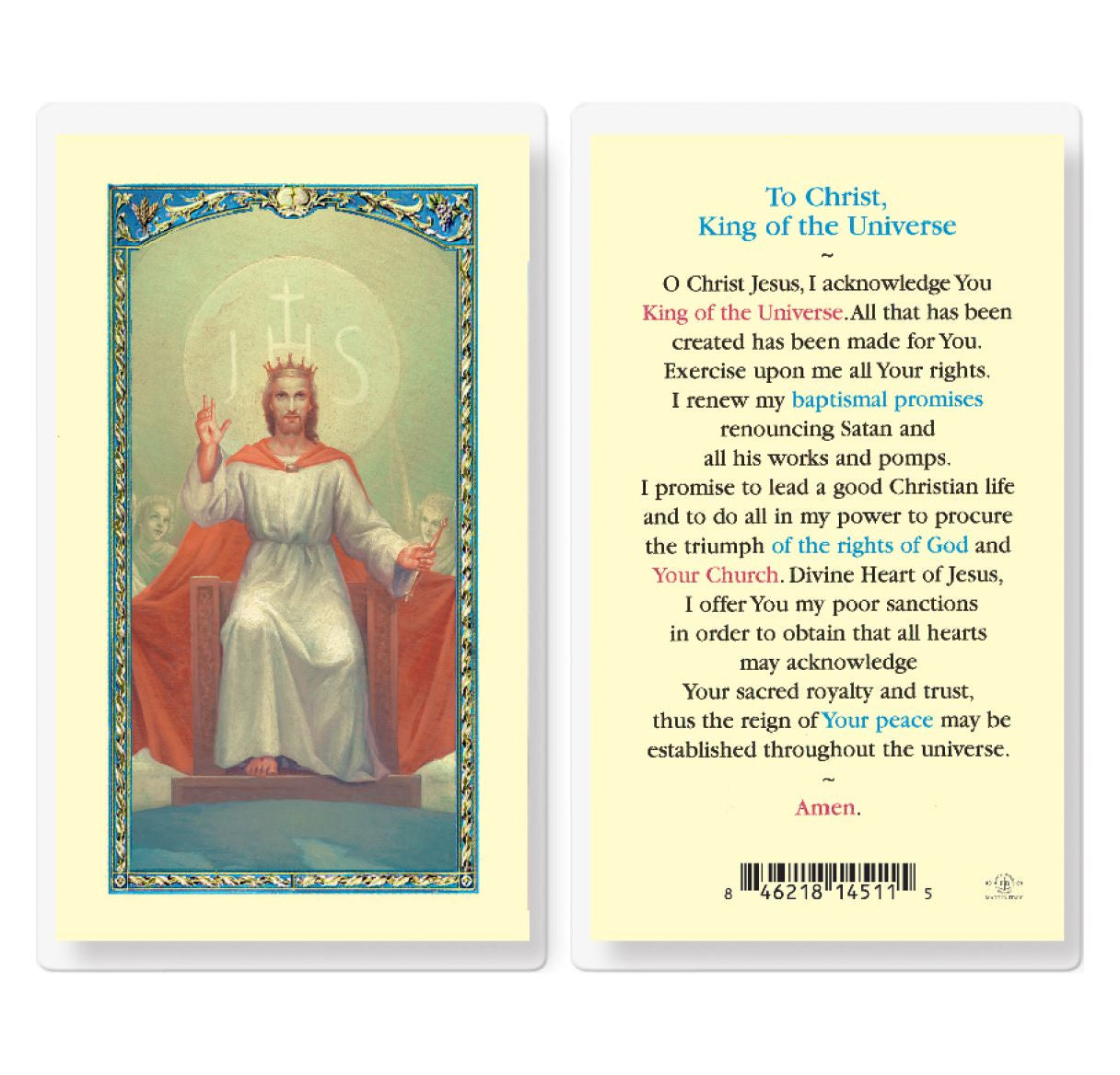 To Christ, King Of The Universe Prayer Holy Card