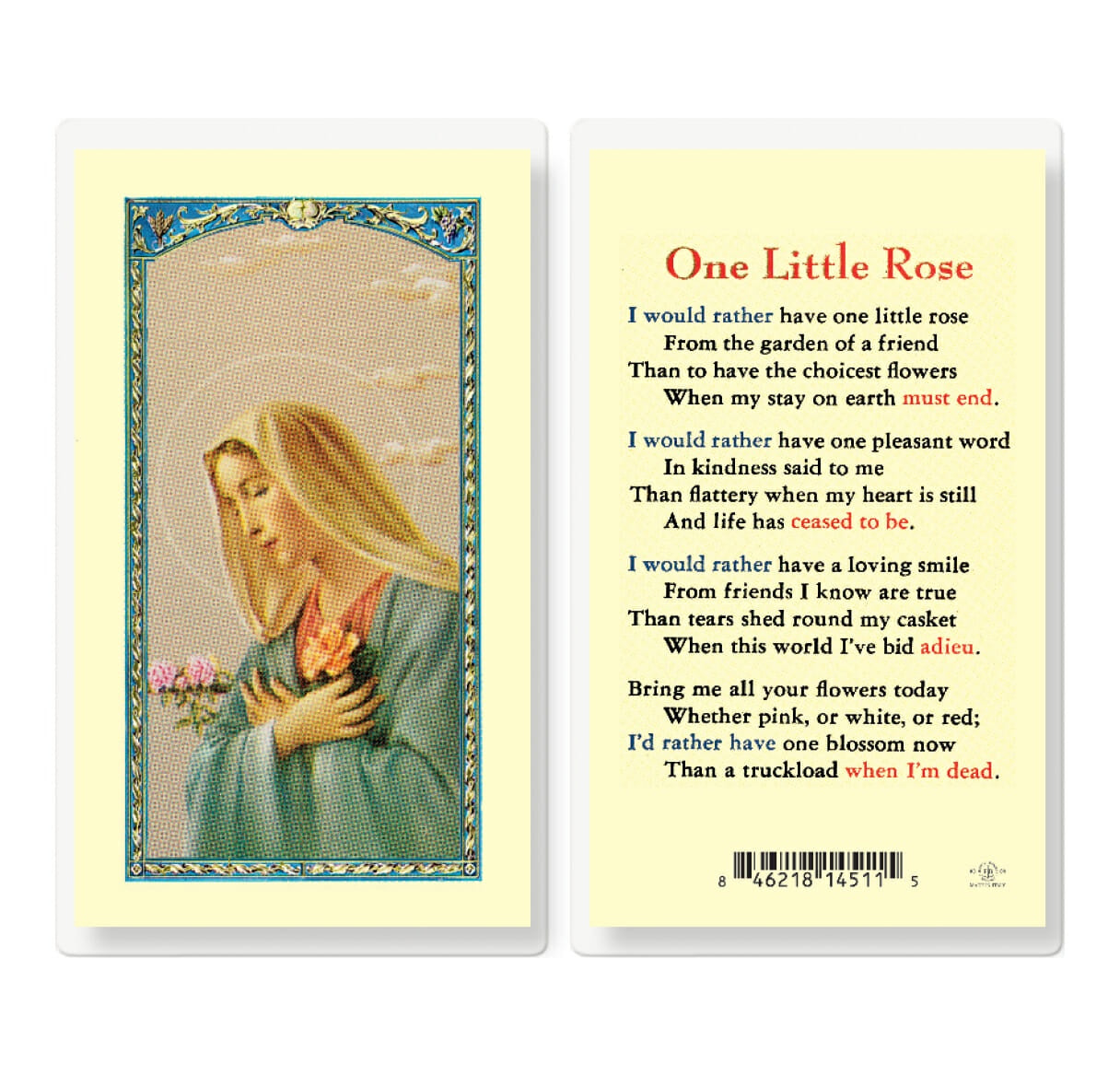 " One Little Rose " Prayer Holy Card