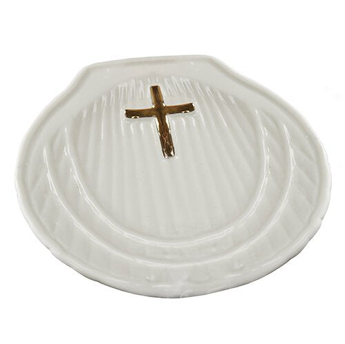 Baptismal Shell In Ceramic With Gold Cross