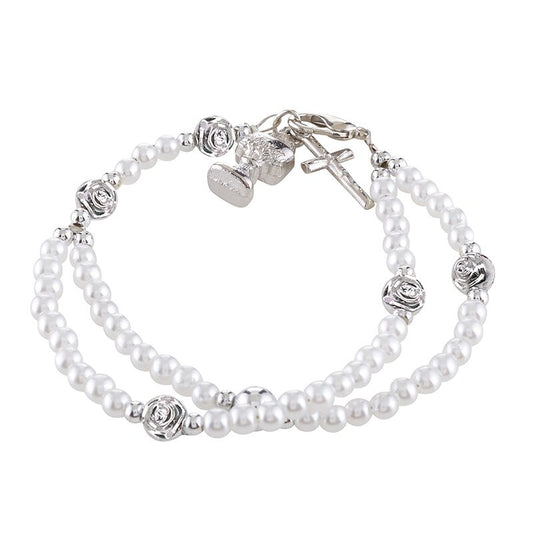 First Communion Pearl Rosary Bracelet With Cross & Chalice Medal