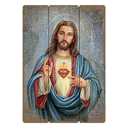 Sacred Heart of Jesus picture on pallet wood 27 in x 19 in