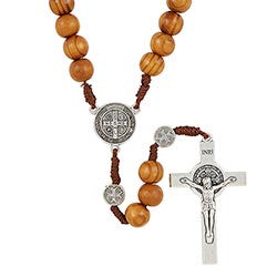 St. Benedict Wood Bead Rosary With Light Brown Beads