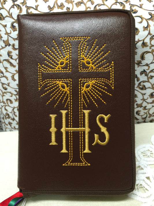 Missal Cover In Black Embroidered With IHS Over Cross