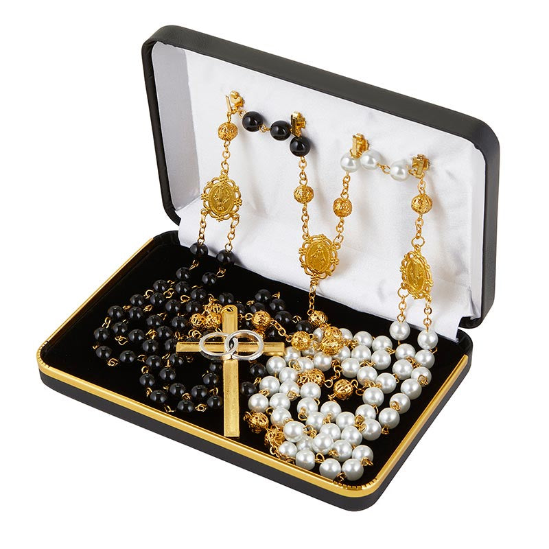 Lasso Rosary With Black And White Rosary In Gold Tone