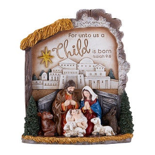 Nativity Scene Figurine Inscribed with "For Unto Us A Child Is Born Isaiah 9:6"