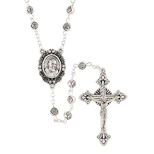 Silver Rosebud Bead Rosary With Padre Pio Center