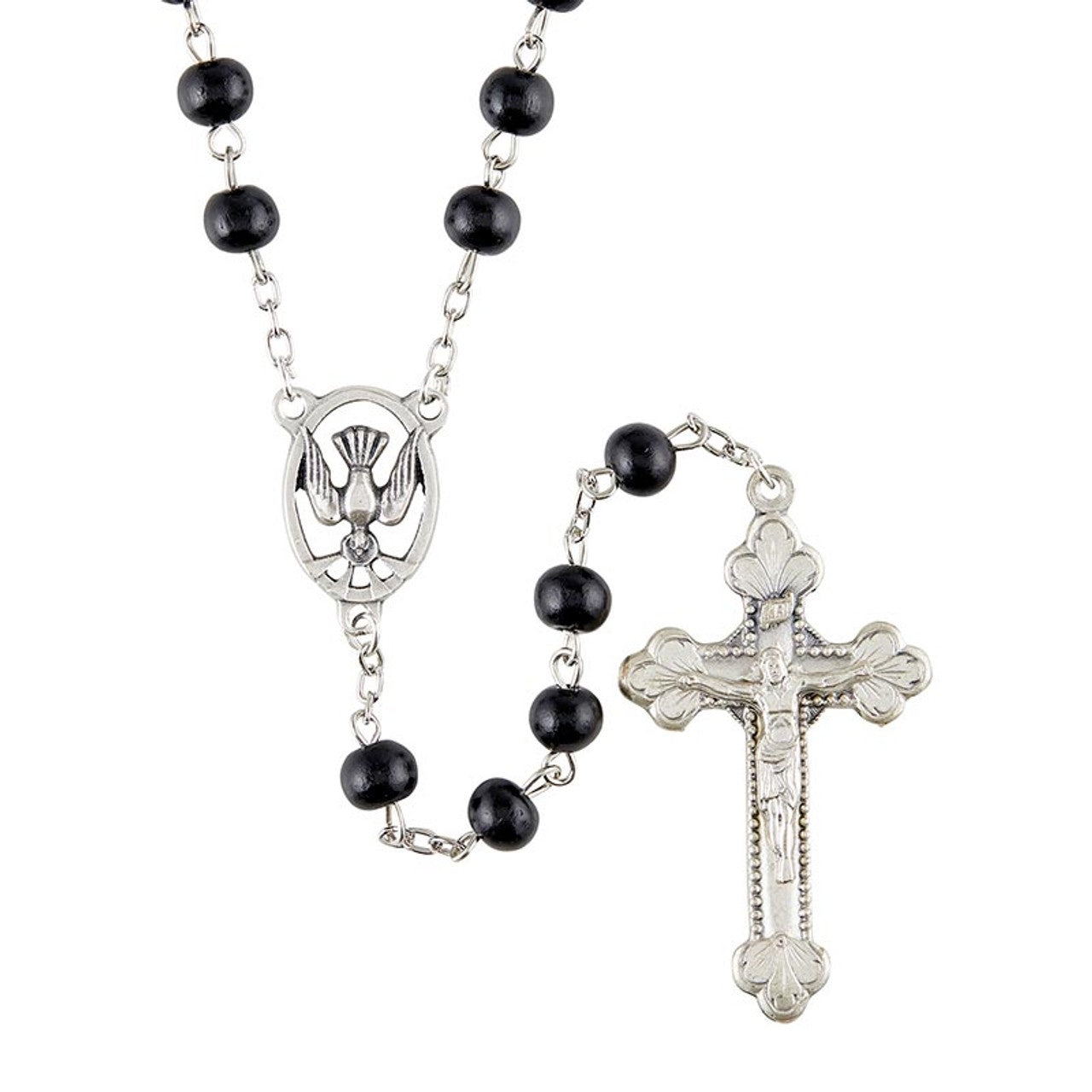 Confirmation Rosary, Jet Black Beads With Holy Spirit Center