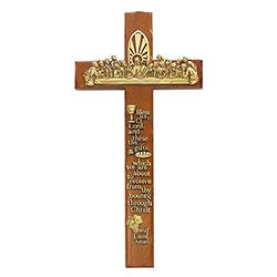 12 inch Walnut Cross with Last Supper and Meal Prayer In Gold Tone On Wood Cross