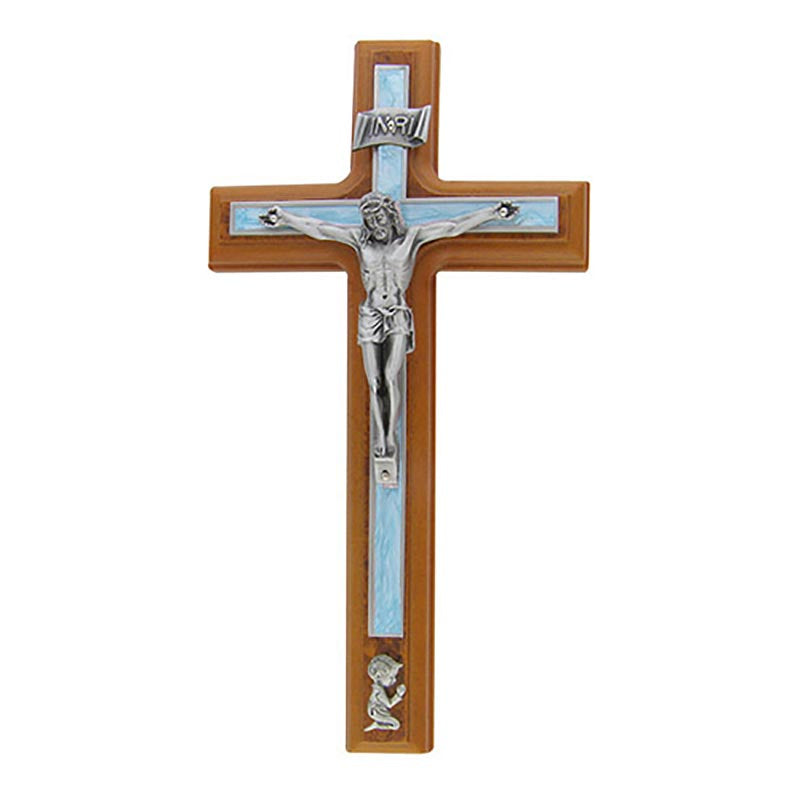 Crucifix with Blue Inlay with Baby Boy Praying
