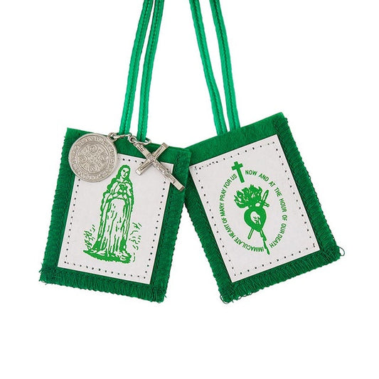 Green Scapular in Cloth with St. Benedict and Crucifix Medal