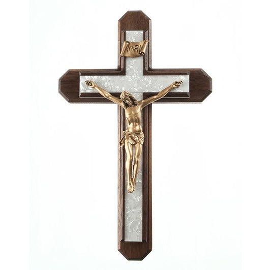 13" H Walnut Sick Call Crucifix Set With Gold Tone Corpus