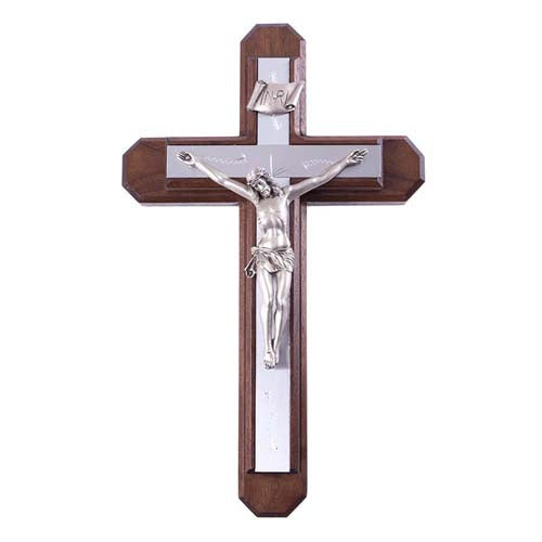 13" H Walnut Sick Call Crucifix Set With Silver Tone Corpus