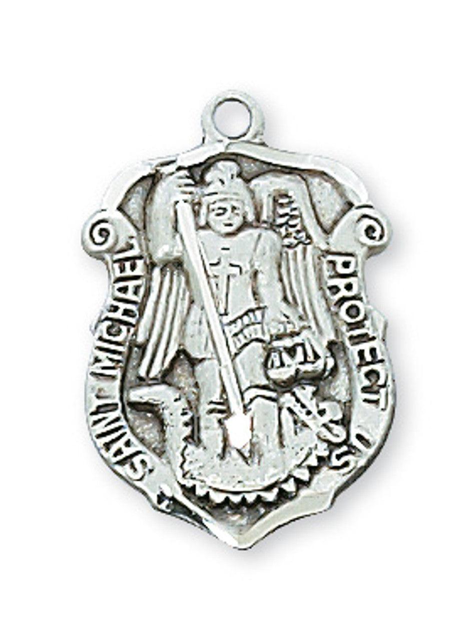 St. Michael Police Badge Sterling Silver Medal on Stainless Chain