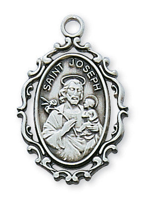 St. Joseph Sterling Silver Ornate Oval Medal with 18" Chain