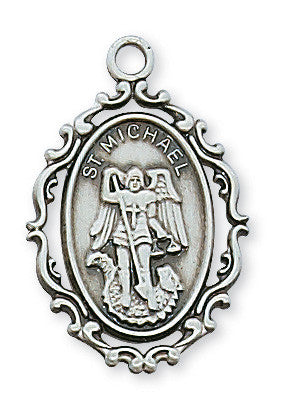St. MIchael Sterling Silver Medal with Filagree on Stainless Chain