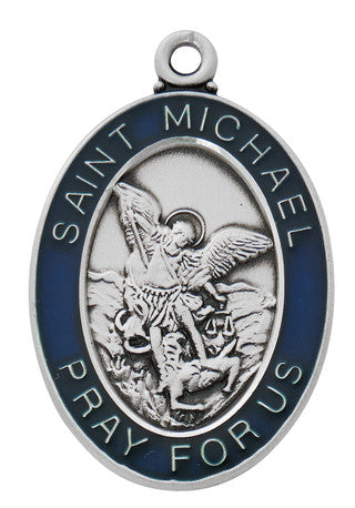 St. Michael Sterling Silver Medal with Blue Outline on Stainless Chain