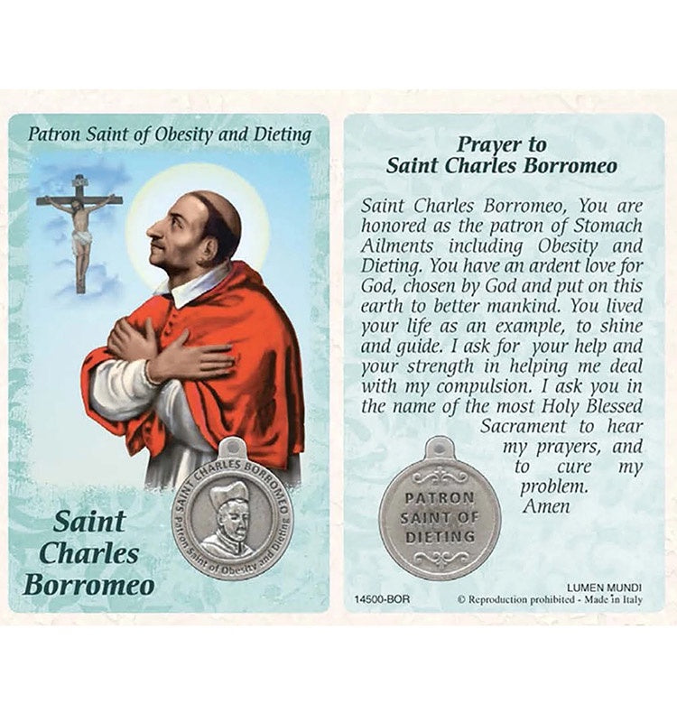 Holy Card With Medal Of Saint Charles Borromeo Patron Saint of Dieting