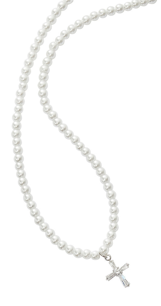 Crystal Cross with Faux Peral Necklace - 16" Stretch