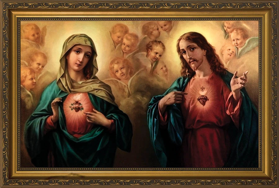 Sacred and Immaculate Hearts Surrounded by Angels w/ Gold Frame