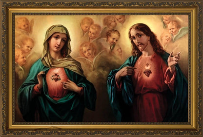 Sacred and Immaculate Hearts Surrounded by Angels w/ Gold Frame