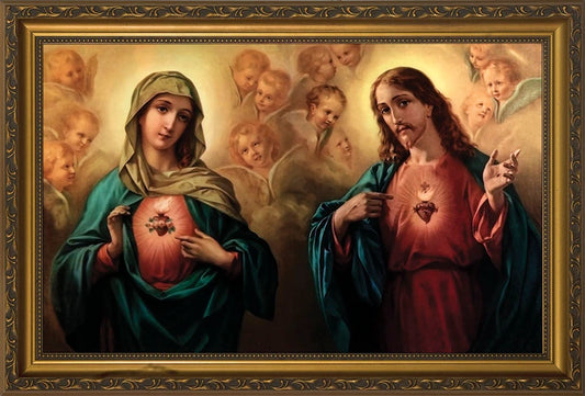 Sacred and Immaculate Hearts Surrounded by Angels w/ Gold Frame