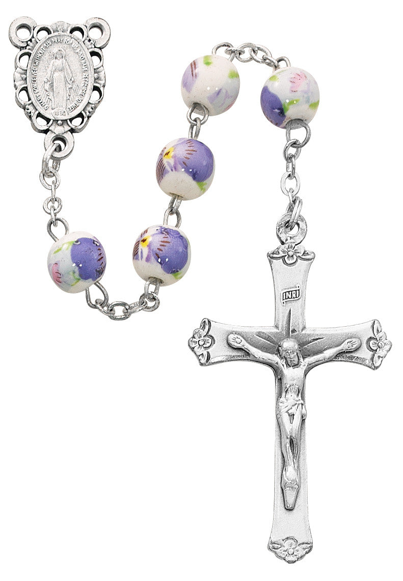 Purple Flowered Ceramic Bead Rosary