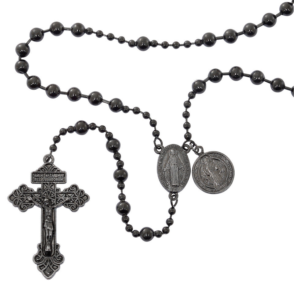 St. Benedict Battle Rosary, Gun Metal Beads and Medals