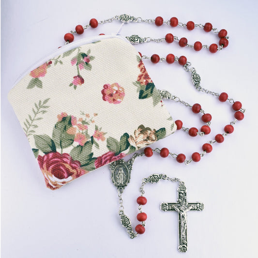 Rose Scented Rosary with Floral Zipper Pouch