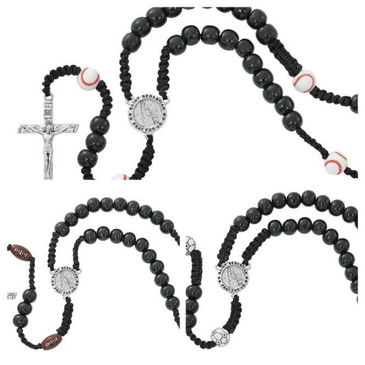 St. Sebastian, Sports, Black Wood Bead Corded Rosary (3 Variants)