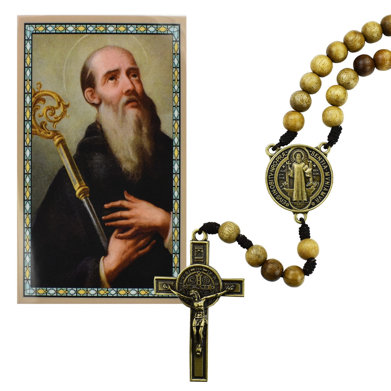 St. Benedict Walnut Wood Rosary with Antique Gold Center and Crucifix