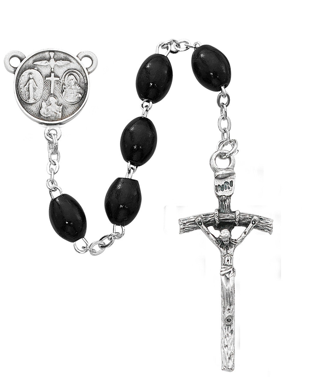 Black Oval Wood Bead Rosary with Papal Crucifix and Scapular Center