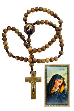 Our Lady of Sorrows Wood Rosary and Prayer Card