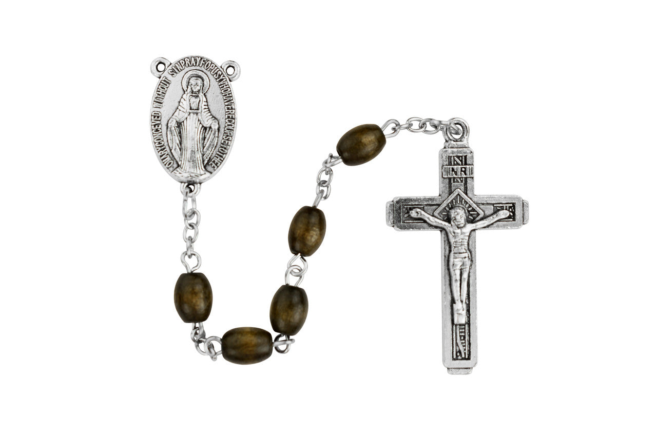 Brown Wood Bead Rosary with Miraculous Medal Center