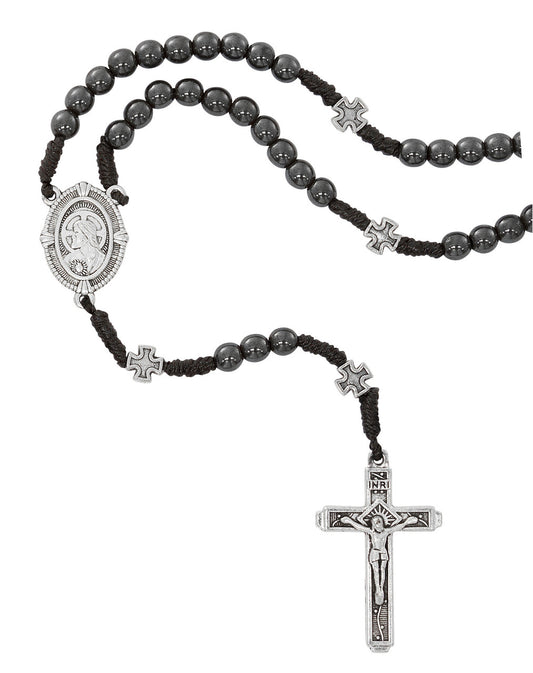 Sacred Heart of Jesus Hematite Beads on Cord Rosary