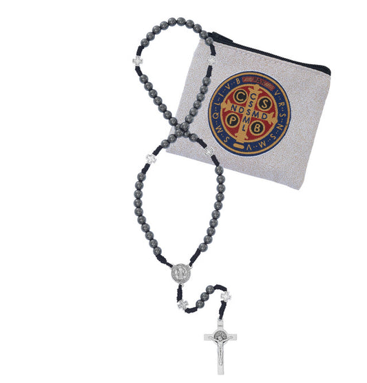Hematite St. Benedict Rosary with Pouch