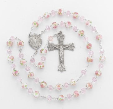 White & Pink Glass Flower 8mm782860486483 Bead New England Pewter Rosary