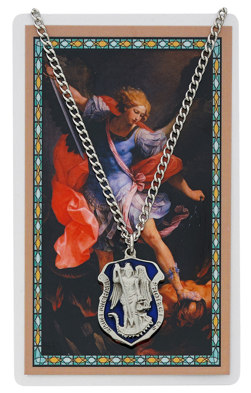 St. Michael Badge Blue Enamel Pewter Medal, 24" Chain