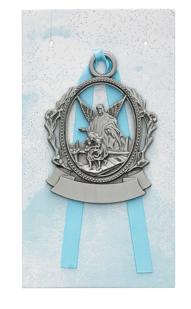 Pewter Crib Medal with Blue, Pink or White Ribbon