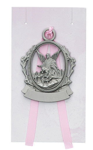 Pewter Crib Medal with Blue, Pink or White Ribbon