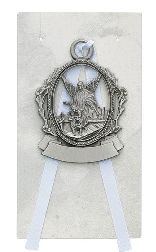 Pewter Crib Medal with Blue, Pink or White Ribbon