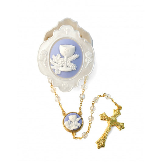 First Communion Crystal Rosary with Blue Case