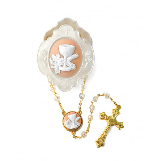 First Communion Girl Crystal Rosary with Pink Case