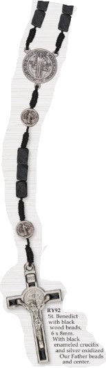 St. Benedict Medal, Black Wood Bead, Corded Rosary