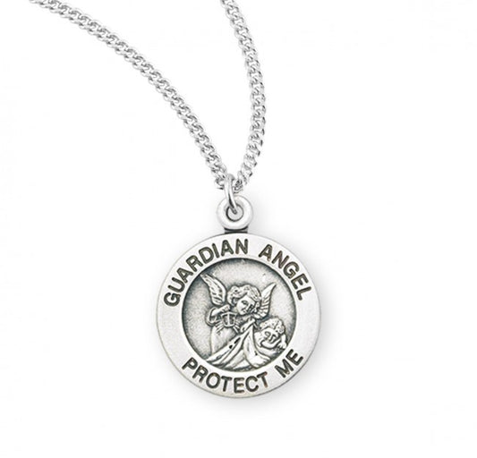 Guardian Angel Round Sterling Silver Medal - 13" Chain